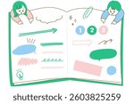 Book frames and decorations set - illustration of a girl and a boy riding