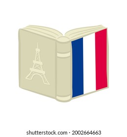 Book with French national tricolor and Eiffel Tower on cover. Encyclopedia for France. Hand drawn Vector illustration for a festive decoration in doodle style.