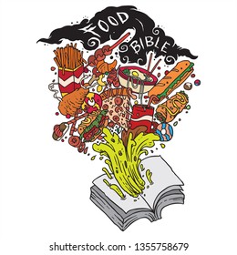 book full of many kind of street food doodle illustration line art drawing