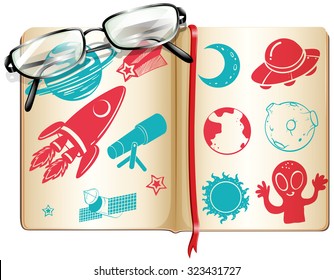 Book full with science symbols illustration