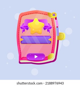 Book Game UI Pop Up  Play Button Cartoon  And Star Ribbon Icon Red Orange Color Cute Colorful Cartoon For GUI Or Business , Education , E-commerce , Vector Design