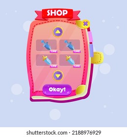 Book Game UI Pop Up Shop Four Items Swords  Price Sale Red Orange Color Cute Colorful Cartoon For GUI Or Business , Education , E-commerce , Vector Design