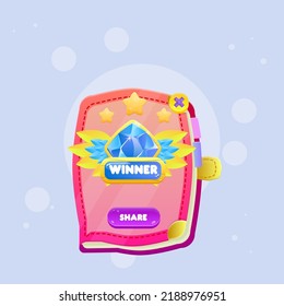Book Game UI Pop Up  Winner Reward Icon Golden Yellow Blue Wings , Blue Diamond In Golden Frame Red Orange Color Cute Colorful Cartoon For GUI Or Business , Education , E-commerce , Vector Design
