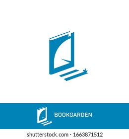 Book garden logo with book silhouette and room door icon creative vector symbol for education company brand