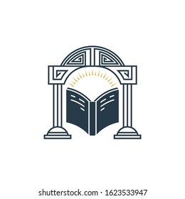 Book gate logo design, minimalist shining book line art style vector icon, logo template suitable for education, knowledge, school, academic, university, learning and insight.