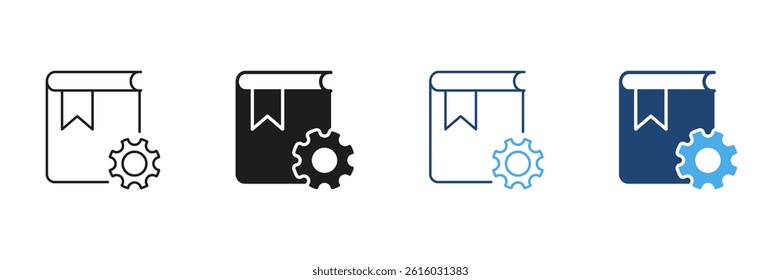 Book With Gear Icon Set. Knowledge Management, Technical Documentation, And System Configuration Symbol Collection. Education And Technology Integration. Isolated Vector Illustration.