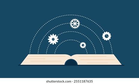 Libro con engranaje como símbolo del conocimiento. Alfabetización y educación, lectura de literatura científica Arte vectorial