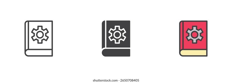 Libro con el símbolo del engranaje que representa Configuraciones o personalización. Conjunto de iconos en estilos de contorno, sólido y relleno. Icono de libro de Vector educativo y técnico.