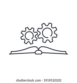 Book and gears. Description and study of technologies. Vector linear icon isolated on white background.