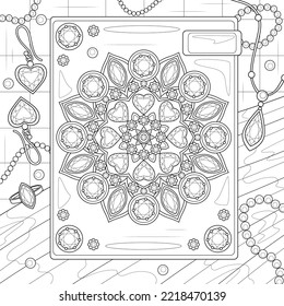 Book with gems and jewelry.Coloring book antistress for children and adults. Illustration isolated on white background.Zen-tangle style. Hand draw