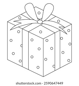 Сoloring book of gift box with beautiful ribbon bow. Doodle vector illustration of cartoon flat cute present isolated on white background for Christmas, birthday, anniversary, Valentine`s day.