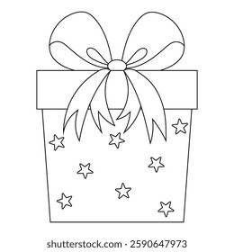 Сoloring book of gift box with beautiful ribbon bow. Doodle vector illustration of cartoon flat cute present isolated on white background for Christmas, birthday, anniversary, Valentine`s day.