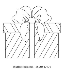 Сoloring book of gift box with beautiful ribbon bow. Doodle vector illustration of cartoon flat cute present isolated on white background for Christmas, birthday, anniversary, Valentine`s day.