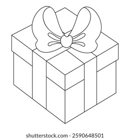 Сoloring book of gift box with beautiful ribbon bow. Doodle vector illustration of cartoon flat cute present isolated on white background for Christmas, birthday, anniversary, Valentine`s day.