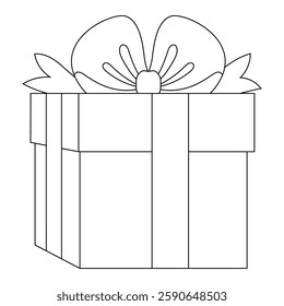 Сoloring book of gift box with beautiful ribbon bow. Doodle vector illustration of cartoon flat cute present isolated on white background for Christmas, birthday, anniversary, Valentine`s day.