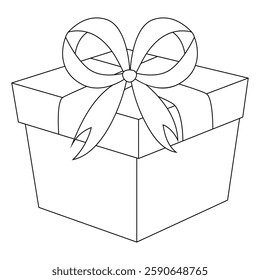 Сoloring book of gift box with beautiful ribbon bow. Doodle vector illustration of cartoon flat cute present isolated on white background for Christmas, birthday, anniversary, Valentine`s day.