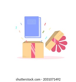 Book in a gift box with confetti. Concept: book giving, International Book Giving Day. Vector illustration, flat cartoon color minimal design, isolated on white background, eps 10.