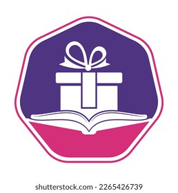 Vector de diseño del logotipo de regalo del libro. Símbolo o icono presente y de mercado. plantilla de diseño de logotipo de biblioteca y sorpresa.