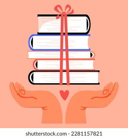 Book to Gift, sale. Hands and stack of books. Literature. Pile of textbooks for education. Library concept. Vector illustration
