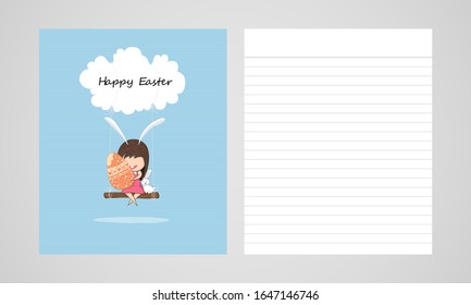 Book girl sat on the swing and the rabbit Happy Easter background  vector design