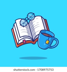 Reserva Con Ilustración De Icono Vector De Café Y Gafas. Estilo de caricatura plano adecuado para Web Landing Page, banner, volante, adhesivo, tarjeta