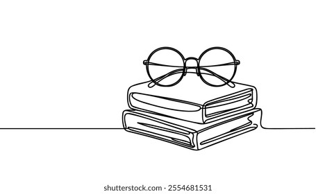 Book with glasses. Continuous line drawing. One single line art. Vector illustration isolated. Minimalist design handdrawn.