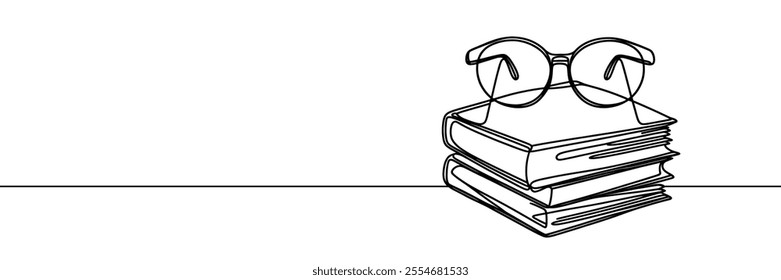 Book with glasses. Continuous line drawing. One single line art. Vector illustration isolated. Minimalist design handdrawn.
