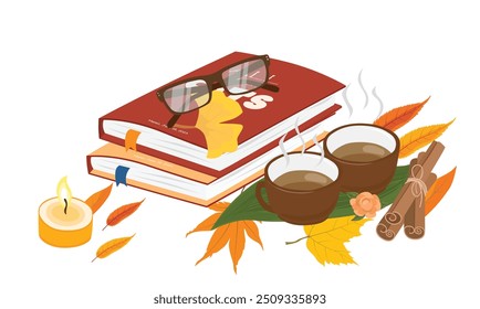 Book, glasses and a cup of tea. Herbal teacup. Cozy autumn clipart. Autumn element. Leisure time. Cozy pastime. Flat vector in cartoon style isolated on white background.