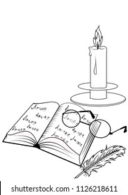 book glasses pen candle vector contour