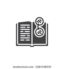 Icono vectorial del libro y gafas. signo plano relleno para concepto móvil y diseño web. Icono de gafas de lectura. Símbolo educativo, ilustración del logo. Gráficos vectoriales
