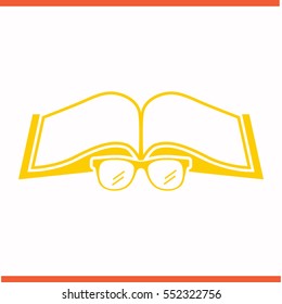 Book with glasses vector yellow icon on white background. Book with glasses symbol stock bitmap illustration. Business picture.