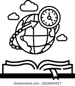 Um livro com um globo e um relógio na capa