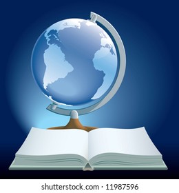 Book and globe on a blue background.