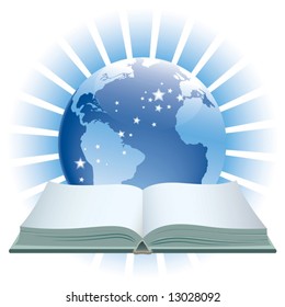 A book and globe on a blue background.