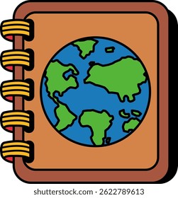 A book with a globe on the cover. The globe is green and blue. The book is brown