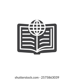 A book with a globe vector icon. filled flat sign for mobile concept and web design. Global Policy glyph icon. Knowledge, structure, and diplomacy symbol, logo illustration. Vector graphics