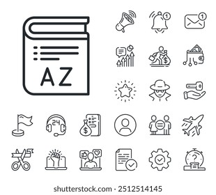 Book glossary sign. Salaryman, gender equality and alert bell outline icons. Vocabulary line icon. Vocabulary line sign. Spy or profile placeholder icon. Online support, strike. Vector