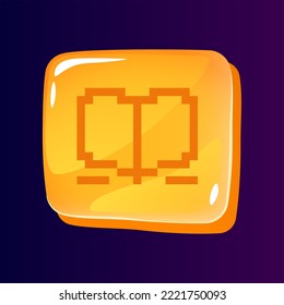 Book glossy ui button with pixelated icon. Bookstore on internet. Editable 8bit graphic element on shiny square shape. Isolated vector user interface image for web, mobile. Retro style game design