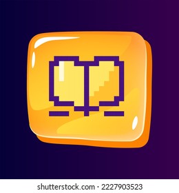 Botón Luminoso del libro ui con icono de color pixelado. Librería en internet. Compras en línea. Elemento gráfico editable de 8 bits en forma de rectángulo de vidrio brillante. Imagen aislada para arcade, diseño de videojuegos