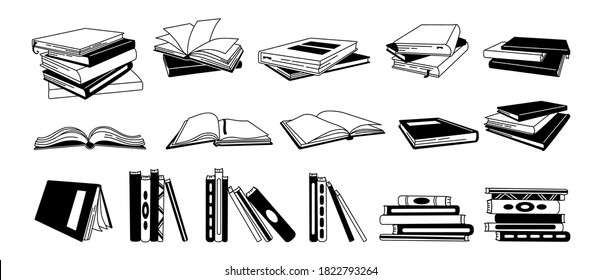 Book glyph cartoon set. Hand drawn monochrome textbooks, hardbacks, outline pages for library. Reading, learn and receive education through books collection. Vector illustration on white background