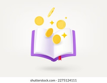 Book with gold coins. Pay for education or information concept. 3d vector illustration