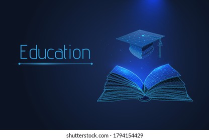 
book and graduation cap. the concept of teaching and acquiring knowledge in courses, studies. advanced training, graduation, completion of training.isolated,plexsus, wireframe, vector,low poly,dots