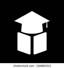Book with graduation cap - education icon, academic university hat isolated on black background. vector illustration