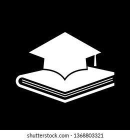 Book with graduation cap - education icon, academic university hat isolated on black background. vector illustration
