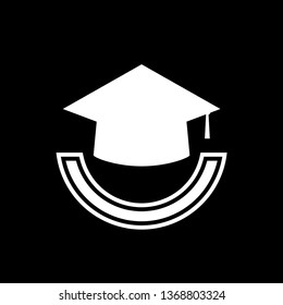 Book with graduation cap - education icon, academic university hat isolated on black background. vector illustration