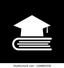 Book with graduation cap - education icon, academic university hat isolated on black background. vector illustration