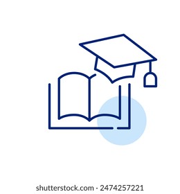 Book and graduation cap. Learning resources for university degree. Pixel perfect vector icon