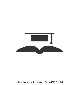 book with graduation cap or mortar board.  Isolated on white. Flat reading icon. Vector illustration. Education logo. Knowledge pictogram.