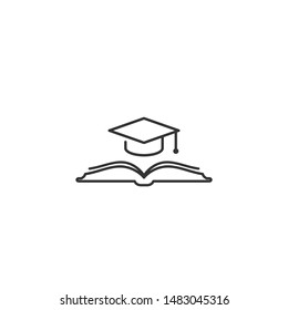 book with graduation cap or mortar board. Line icon Isolated on white. Flat reading icon. Vector illustration. Education logo. Knowledge pictogram.