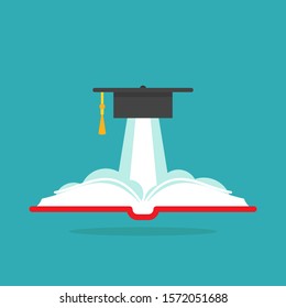 book with graduation cap or mortar board as rocket.  Isolated on powder blue background. Flat reading icon. Vector illustration. Education logo. Knowledge pictogram.